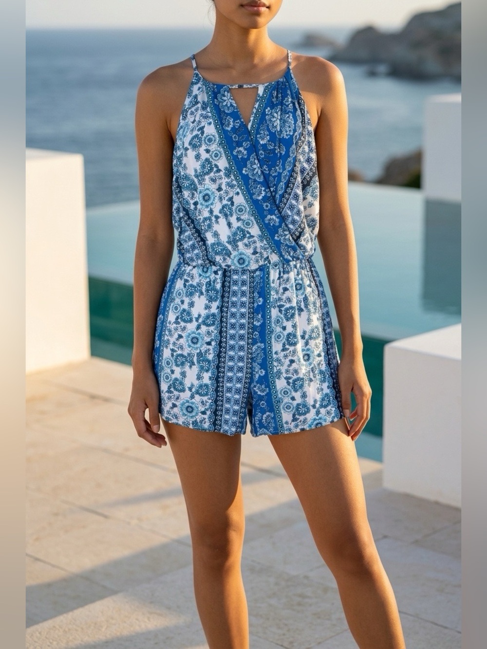 Blue Floral Print One-Piece Romper